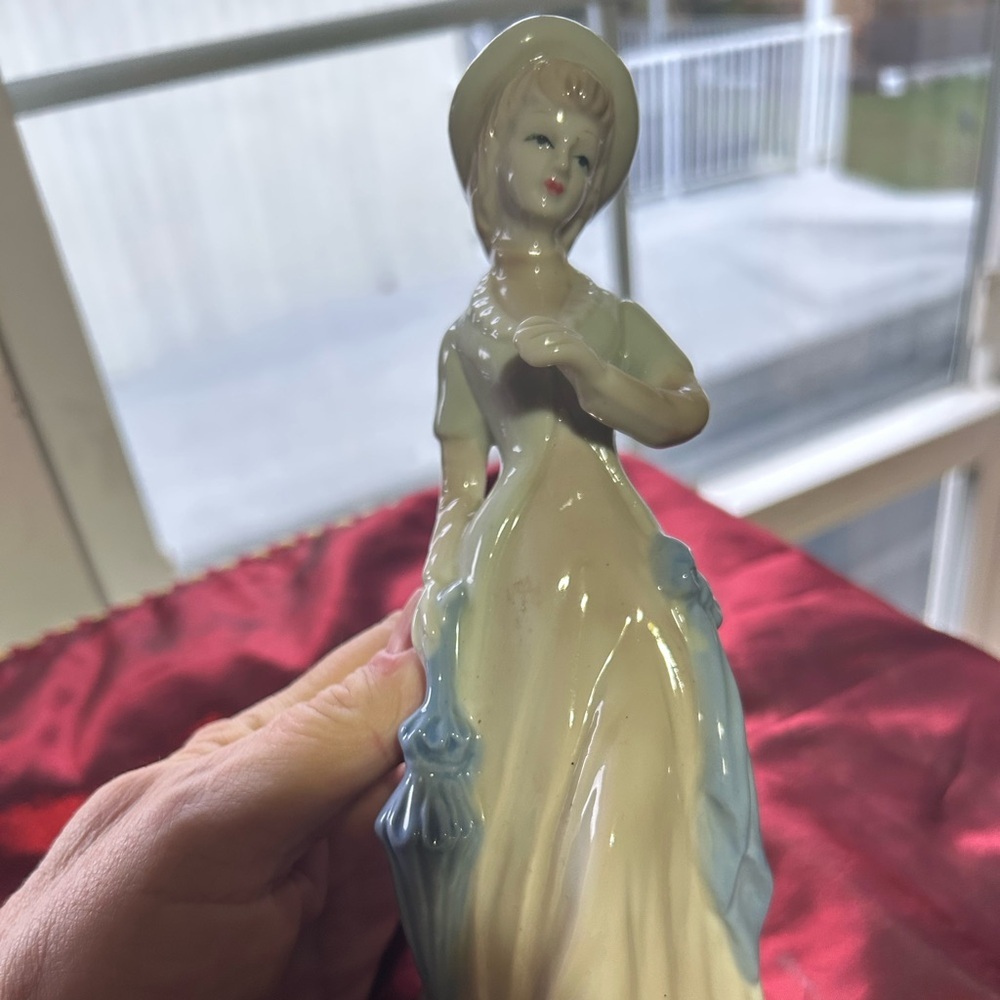 Porcelain figurine of a lady in Victorian-era dress holding an umbrella.